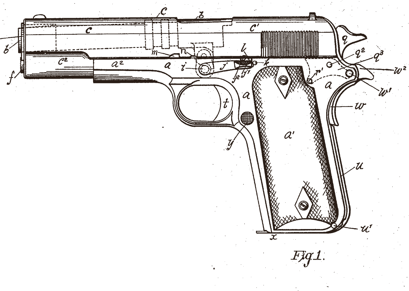 Patent drawing of the Colt M1911 pistol, side view, from J. M. Browning's U.S. Patent 984,519