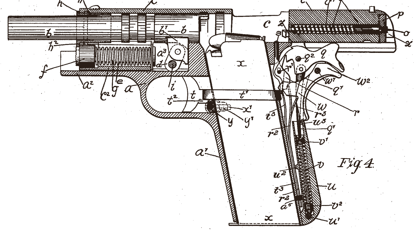 Cutaway patent drawing of the M1911 showing the recoil spring, barrel link, magazine and hammer, Fig. 4 of U.S. Patent 984,519