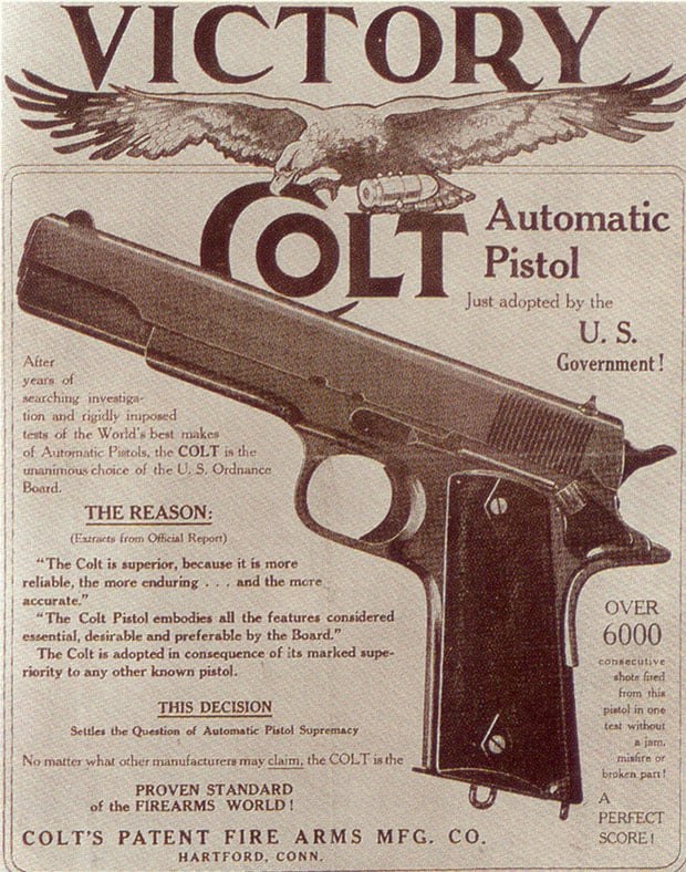 1910s Colt advertisement headed VICTORY: Colt Automatic Pistol just adopted by the U.S. Government, showing the M1911 beneath an eagle