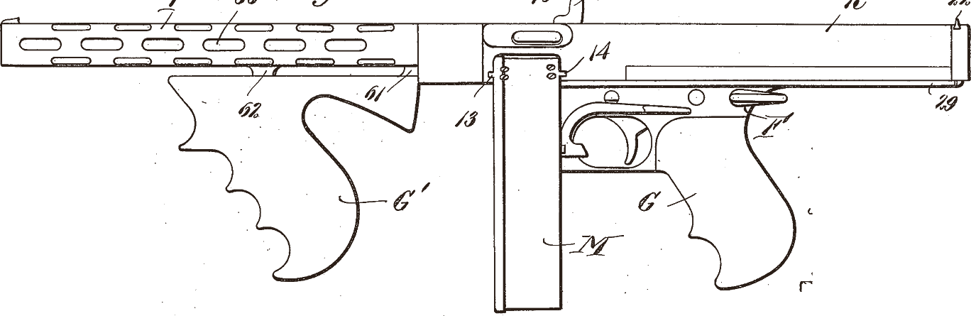 Patent drawing of a Thompson submachine gun with finned barrel, two pistol grips and box magazine, from O. V. Payne's U.S. Patent 1,357,208